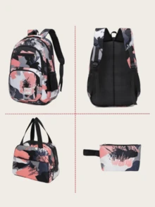 3 件套印刷字母贴片装饰功能性背包，适合女孩、小学、学前班、初中学生背包和手提午餐袋 - 粉色 - 查看 8