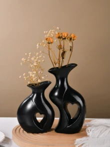 2pcs Black & White Heart-Shaped Vases, Modern Bohemian Hollow Flower Vases, Nordic Style Decorative Vases For Room, Bookshelf, Fireplace, Tabletop, Living Room Accessories - Multicolor - View 9