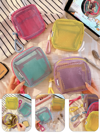 1Pc/4pcs Macaron Color Mesh Makeup Bag With Detachable Handle Or Cherry Strawberry Handle | Large Capacity Multi-Pocket Organizer For Cosmetics, Sanitary & Travel Essentials | Mother's Day Gift For Mom, Graduation/Easter Gifts, Summer Beach Holiday Storage, Wedding/Bridesmaid Gifts, Jewelry Storage Bag, Coin Bag