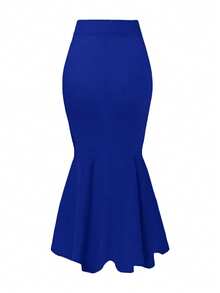 优雅美人鱼尾裙，高腰修身设计，荷叶边裙摆，弹力涤纶混纺面料，可机洗，适合所有季节