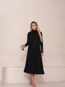 Poncho Dress Lanzinha Pleated Skirt Women's Fashion High Neck With Belt Long Sleeve Winter - 黑色 - 查看 5