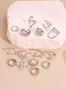 14pcs/2 Sets Fashion Minimalist Elegant Vintage Asymmetrical Geometric Liquid Thick Chunky Statement Cocktail Rings Set, Gift For Holiday Beach Party Date Everyday Wear
