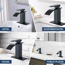 Matte Black/Chrome Waterfall Bathroom Faucet - Single Handle Mixer Tap For 1/3 Hole Sinks | Includes Deck Plate, Pop-Up Drain & Supply Hoses | Modern Vessel Vanity Set - Black - View 5