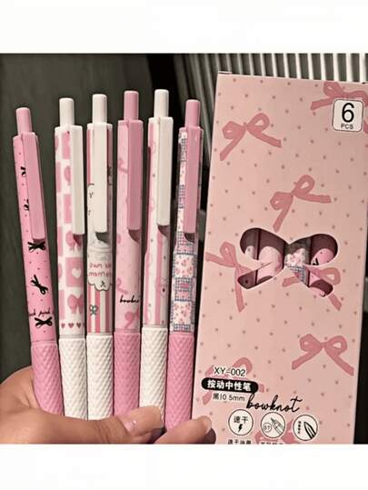 3支/6支/12支装粉色蝴蝶结速干凝胶笔，0.5mm细笔尖（6支/盒），书写流畅，适用于办公和课堂用品，青少年和成人均可使用，也可用于家庭办公、教育、考试等场合，凝胶笔套装，节日文具礼品，课堂用品，情人节礼物，圆珠笔