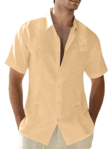 hoteel Mens Cotton Linen Guayabera Shirts Casual Button Up Short Sleeve Summer Beach Shirt - 米色 - 查看 2