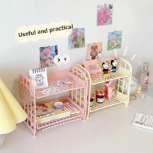 1 件多功能可折叠双层镂空设计收纳架 - 易清洁塑料化妆品、化妆品、珠宝、浴室和桌面多用途收纳架、厨房和浴室必需品收纳架、架子篮、双折叠化妆品和珠宝收纳架、简易家用桌面浴室收纳架、收纳架、