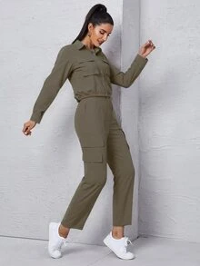 Ladies' Set Of Long-Sleeved Shirt And Trousers With External Side Pockets - Army Green - View 2