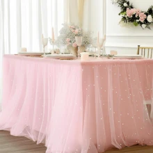 Caminho de mesa rosa estilo boho com pérolas, ideal para festas de casamento, chá de bebê e decoração de mesa de doces. - luz rosa - Ver 6