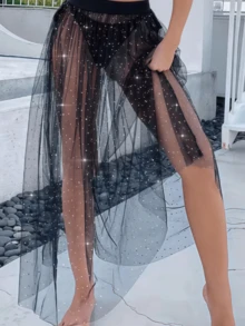 1 件女士闪亮沙滩长裙，性感黑色网眼覆盖裙，适合秋季女士服装 - A - 查看 2