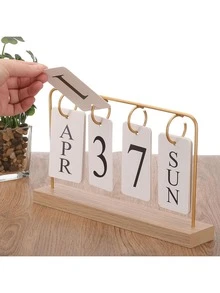 1pc Wooden Desktop Perpetual Calendar - Metal & Wooden Month/Date Display, Golden Finish, Reusable, Suitable For Teacher/Student Office Decor - Classroom Supplies, Farmhouse Decor, Teacher's Day Gift, Desktop Organizer, Retro Office Accessory, Vintage Calendar, Study Planner - Multicolor - View 1