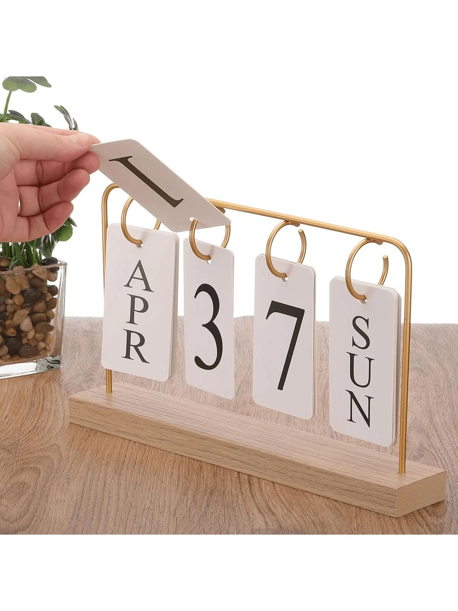 1pc Wooden Desktop Perpetual Calendar - Metal & Wooden Month/Date Display, Golden Finish, Reusable, Suitable For Teacher/Student Office Decor - Classroom Supplies, Farmhouse Decor, Teacher's Day Gift, Desktop Organizer, Retro Office Accessory, Vintage Calendar, Study Planner - Multicolor - View 1