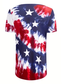 Summer Women's Casual Tie-Dye American Flag Star Print Round Neck Short Sleeve Button-Up Shirt Suitable For American Independence Day Large Size T-Shirt Slim Fit