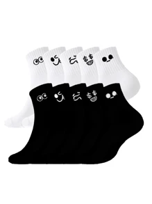 5/10 Pairs Men Print Black & White Breathable Crew Socks, Cartoon Graphic Casual Mid-Calf Socks