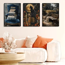 1pc/3PCS Wall Arts Posters Animals Botanical Antique Dark Academy Wind Bookstore Owl And Flower Books Illustration Poster Canvas Painting Wall Art Painting Home Library Decoration Frameless/Framed Canvas Art