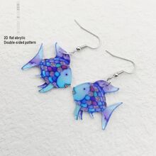 Par de pendientes de 2D planos con decoración de pez azul y flor de colores para mujeres, pendientes creativos de peces de colores acrílicos