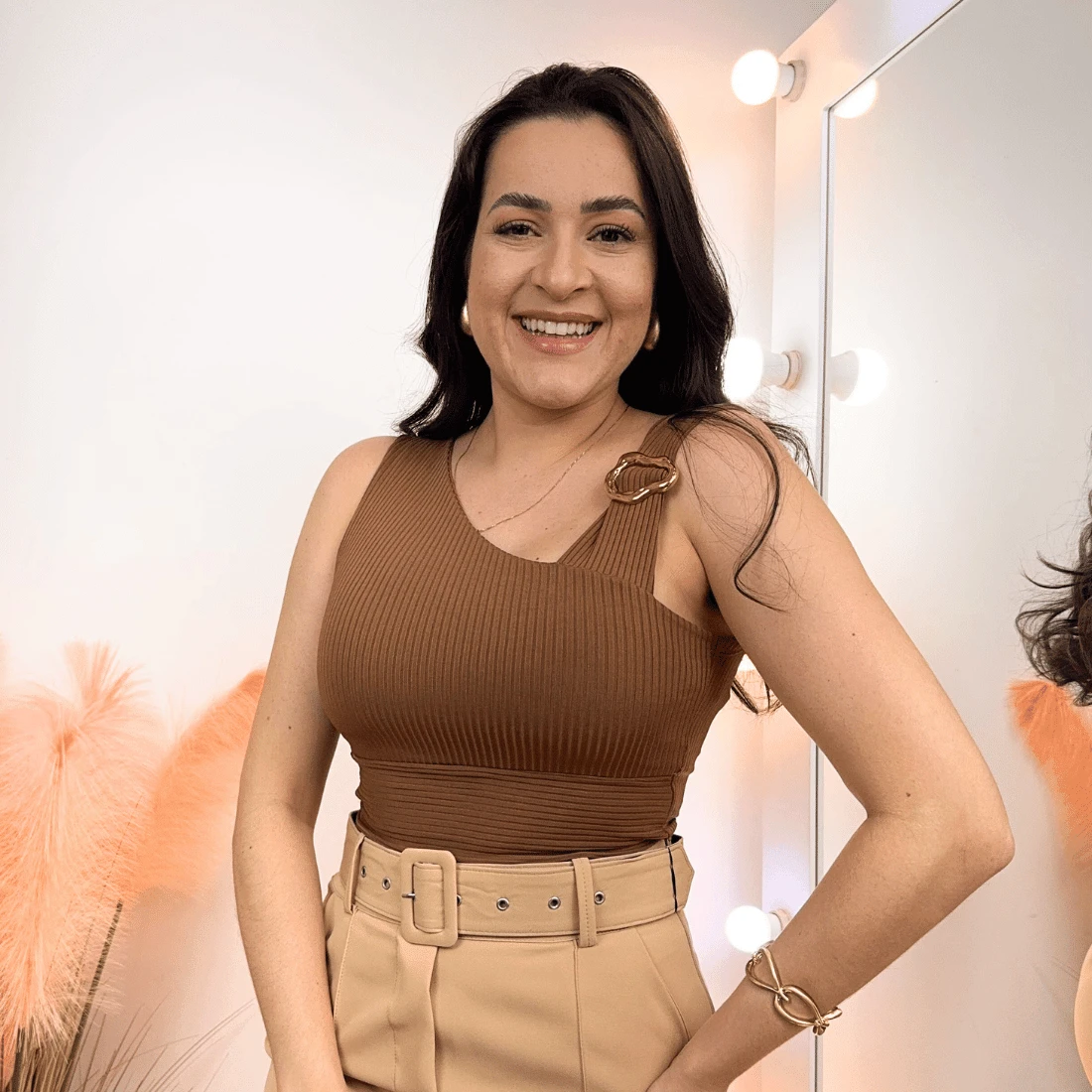 Cropped Blouse Buckle Ribbed Women's Modern Elegant Casual Asymmetrical Brown Mother's Day Valentine's Day - 鏽棕色 - 查看 1