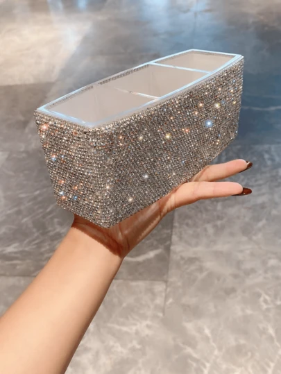 1个多功能水钻装饰收纳盒，优雅化妆刷架，梳妆台收纳盒，节日礼物，房间装饰