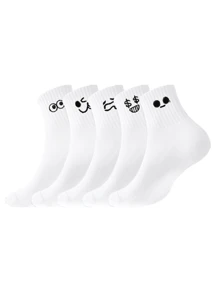 5/10 Pairs Men Print Black & White Breathable Crew Socks, Cartoon Graphic Casual Mid-Calf Socks