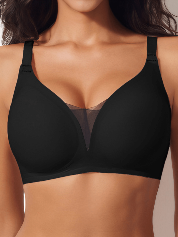 Seamless Solid Wireless Sports Bra, Push Up Bra Lace Mesh Neckline Bra
