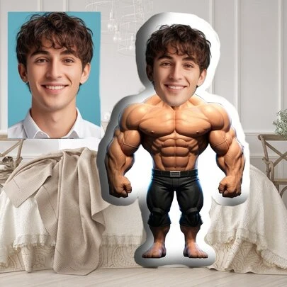 Customized Personalized Funny Throw Pillow, Mini Cushion, Custom Face Pillow, Muscular Man Shaped Pillow, A Unique Gift For Family, Friends, Loved Ones With Your Own Photo