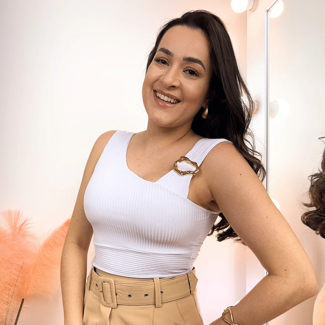 Cropped Blouse Buckle Ribbed Women's Modern Elegant Casual Asymmetrical White Mother's Day Valentine's Day - 白色 - 查看 1