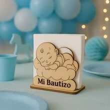 Servilletero Nube con Frase para Bautizo – Decoración de Mesa en MDF con Estilo Tierno para Eventos Infantiles y Especiales - Café integral - Ver 1
