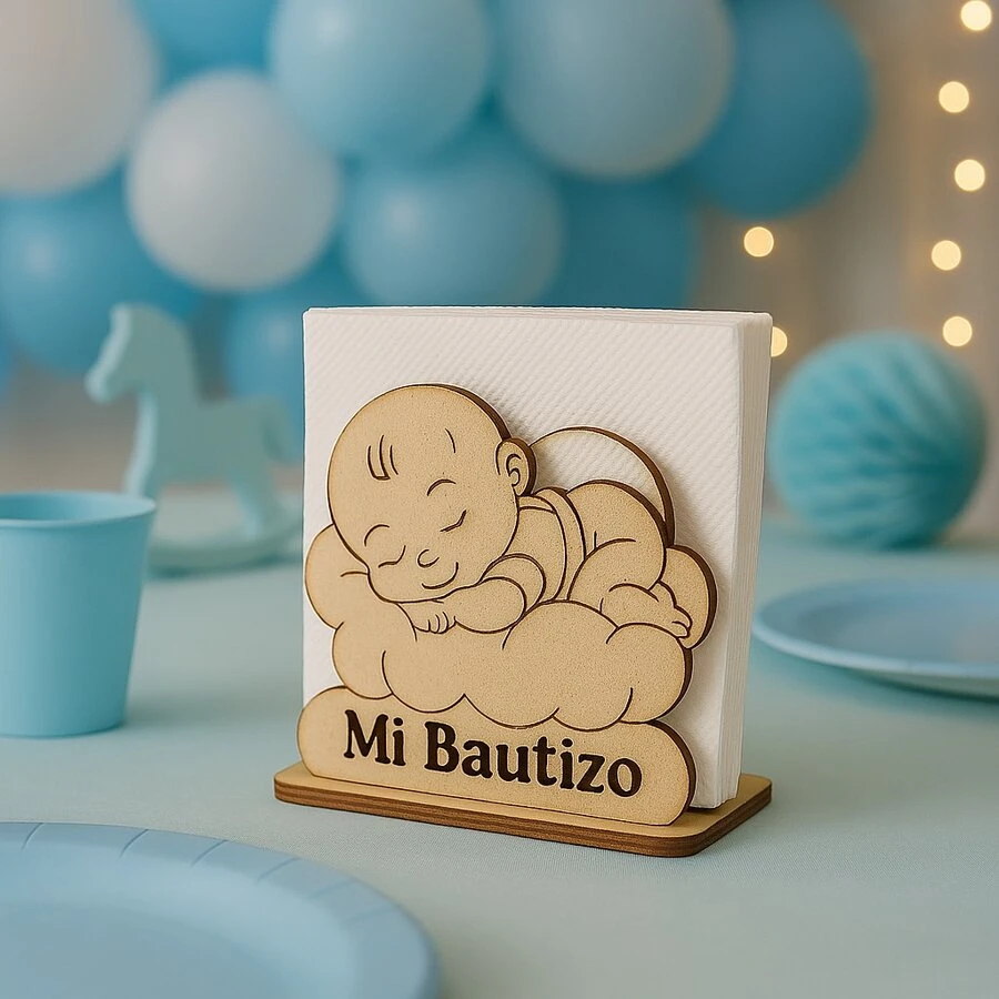 Servilletero Nube con Frase para Bautizo – Decoración de Mesa en MDF con Estilo Tierno para Eventos Infantiles y Especiales - Café integral - Ver 1
