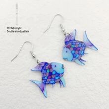 Par de pendientes de 2D planos con decoración de pez azul y flor de colores para mujeres, pendientes creativos de peces de colores acrílicos