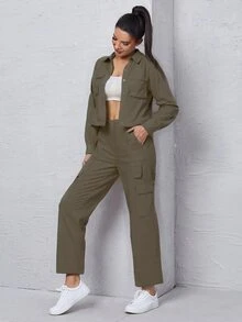 Ladies' Set Of Long-Sleeved Shirt And Trousers With External Side Pockets - Army Green - View 3