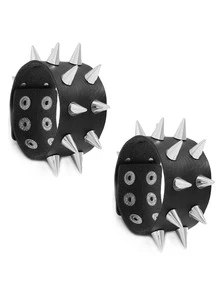 Yanxyad Punk Spiked Studded Bracelets Punk Leather Rivets Bracelet Cuff For Men Women, Punk Rock Studded Bracelet Set, Black Leather Rivet Punk Bracelet Cuff Wrap Bangle Snap Button Wristband & Gifts Women Men Bracelet Sets -2Pcs - Black - View 4