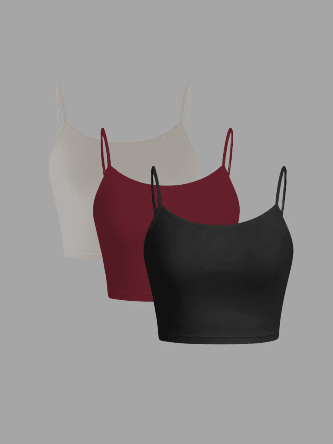 Kit 3 Cropped Tank Top Light Straps Thin Elegant Sensual Casual Cute Cotton Cropped Tank Top Street Daily - 黑色,酒紅色和灰色 - 查看 1