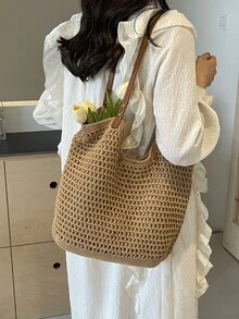 Fashionable And Versatile Large Capacity Hollow Design Crochet Beach Bag, Lightweight And Easy To Carry Vacation Style Beach Bag, Dual Handle And Shoulder Bag, Essential Travel Tote, Suitable For Beach Vacation And Travel. - Khaki - View 4