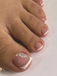 24pcstoenail Wearable Nail Pieces With White Edges French Floral Manicure Finished Toenails Wearable Nail Pieces Toenails Stickers With Jelly Glue And Nail File