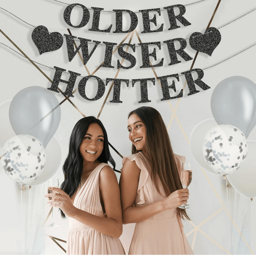 1 Set, "Älter, weiser, heißer" DIY Schnur Glitzer Banner, Lustige Geburtstagsdekoration für Frauen, schwarzer Glitzer "Alles Gute zum Geburtstag" Banner für 21., 30., 40., 50., 60., 70., 80. Geburtstag, Geburtstagsparty Zubehör