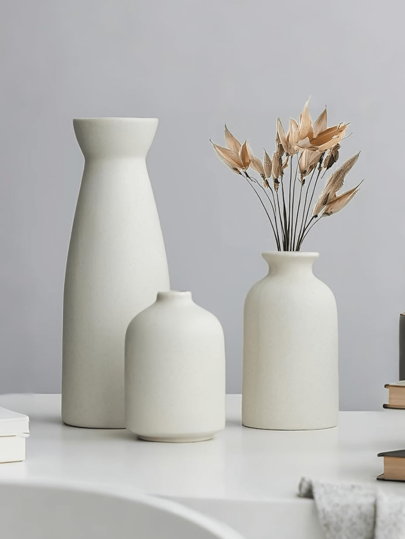 Beige Ceramic Vase Set Small Vases ation, Moderne Bohemian Farmho Home ative Pampas Grass Dried Flowers, Creative Shelf, Table, Bookshelf, Entryway Room Flower Glass view 6
