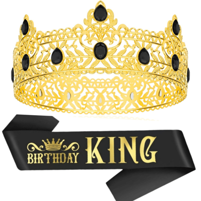 2pcs/Set Birthday King Crown And Sash Ribbon, Royal Gold King Crown For Men Party Decoration Prom Birthday Gifts For Men King Pageant Crown,Christmas Wedding Party Bachelor Party Costume Party For Women And Men