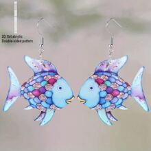 Par de pendientes de 2D planos con decoración de pez azul y flor de colores para mujeres, pendientes creativos de peces de colores acrílicos