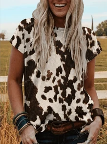 Camiseta con estampado de vaca inspirada en el estilo vintage para mujer - Cuello redondo versátil, top de manga corta en mezcla de poliéster, ideal para primavera/verano/otoño, lavable a máquina
