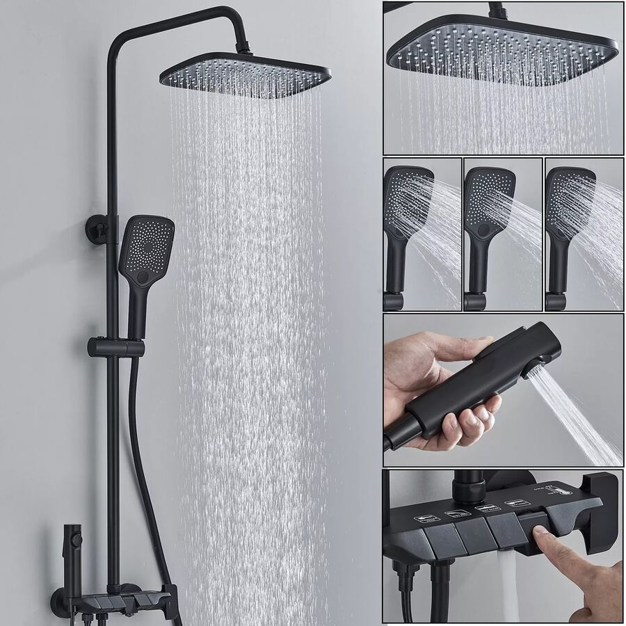 Matt Black/Gun Grey Shower Mixer Complete Set Shower Set With Fitting Shower System With Thermostat Rain Shower System With Shower Head Shower Fitting With Thermostat