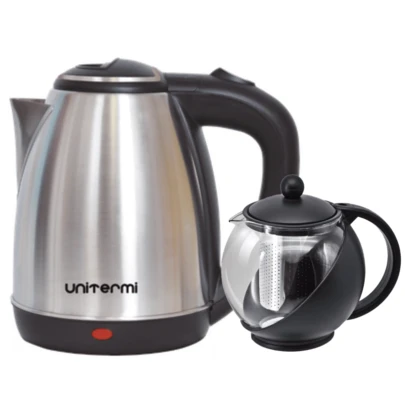 Kit Chaleira Elétrica Inox Cromada 1,8 L 110V com Jarra Infusora Inox ou Preta 750 ML