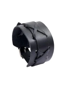 Yanxyad Black Punk Rock Style Three Layered Bracelet Wide PU Leather Wristband Bracelet For Men Women, Punk Leather Cuff Bracelet, Vintage Braided Leather Wristband Women Men Bracelet Sets