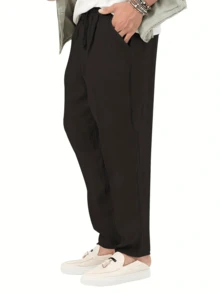 hoteel Mens Cotton Linen Yoga Pants Relaxed Fit Elastic Waist Drawstring Summer Beach Trousers Big And Tall Straight Leg Long Pant For Men - 黑色 - 查看 3