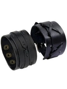 Yanxyad Black Punk Rock Style Three Layered Bracelet Wide PU Leather Wristband Bracelet For Men Women, Punk Leather Cuff Bracelet, Vintage Braided Leather Wristband Women Men Bracelet Sets