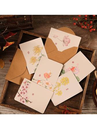 6-Piece Set,, 6 Envelopes, 6 Greeting Cards, (6 Stickers), Retro Ink Style Greeting Card Envelope Set, Ancient Style Thank You Card, Creative Birthday Handwritten Greeting Card, Party Invitation Letter