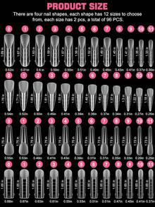 96 件透明哑光双指甲模型套装全覆盖指甲模具丙烯酸指甲延长工具 4 种款式 12 种尺寸适用于聚延长凝胶美甲沙龙指甲设计