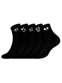 5/10 Pairs Men Print Black & White Breathable Crew Socks, Cartoon Graphic Casual Mid-Calf Socks