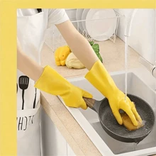 1 Pair Of Modern Fashion Yellow Household Rubber Gloves Non-Slip Thickened Laundry And Dishwashing Without Hurting Hands (Random Gloves Anti-Slip Texture)