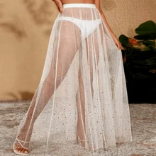 1 件女士闪亮沙滩长裙，性感黑色网眼覆盖裙，适合秋季女士服装 - A - 查看 8