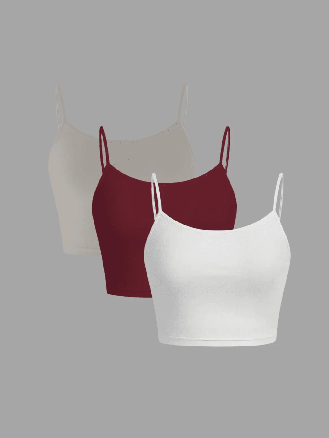 Kit 3 Cropped Tank Top Light Straps Thin Elegant Sensual Casual Cute Cotton Cropped Tank Top Street Daily - 白色,酒紅色和灰色 - 查看 1