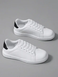 Lace-Up Casual Sneakers For Men & Women, Stylish Low-Top Vulcanized Shoes, Versatile Soft Sole Slip-On Footwear, Anti-Skid & Durable, Size 36-45 - Black and White - View 2